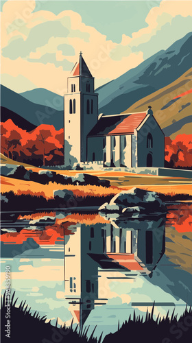 Vector illustration of a quaint church by the river, nestled among autumnal trees and reflecting on the water, in a serene countryside setting.