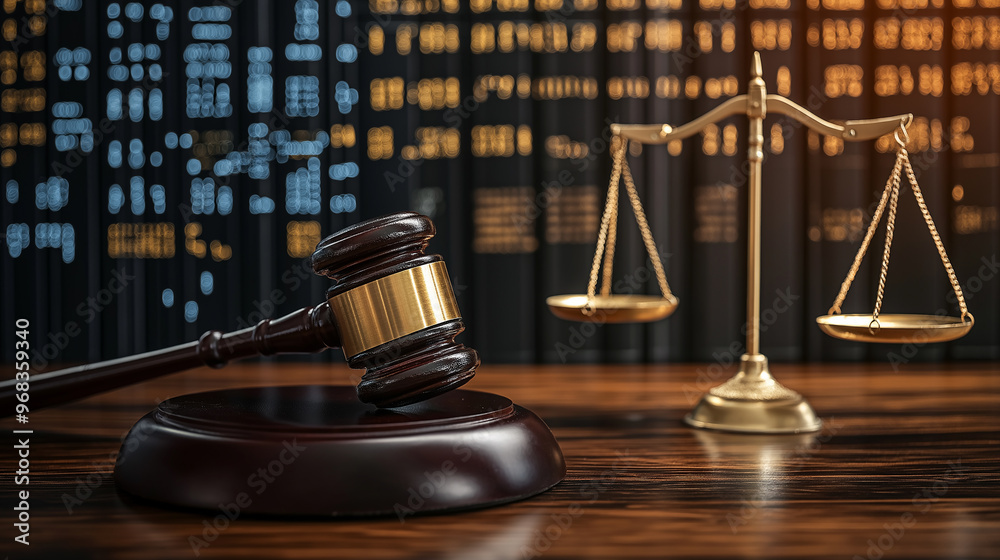 Judge's gavel and scales of justice balancing on wooden desk in law library Judge's gavel and scales of justice balancing on wooden desk in law library