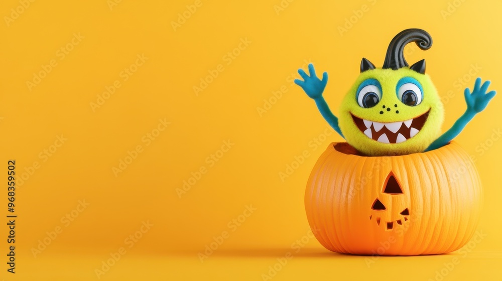 A playful monster toy emerges from a carved pumpkin against a vibrant yellow background, perfect for Halloween-themed projects.