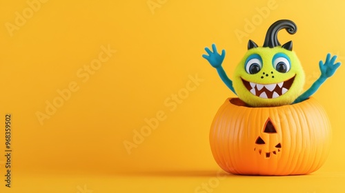 A playful monster toy emerges from a carved pumpkin against a vibrant yellow background, perfect for Halloween-themed projects.