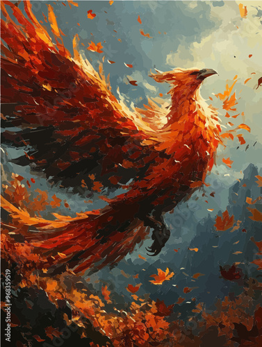 Majestic phoenix soaring amid a cascade of fiery autumn leaves in a fantasy landscape.