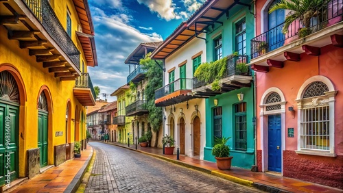 Colorful colonial buildings stand alongside cobblestone streets in Casco Viejo's narrow alleys, Panama City's historic