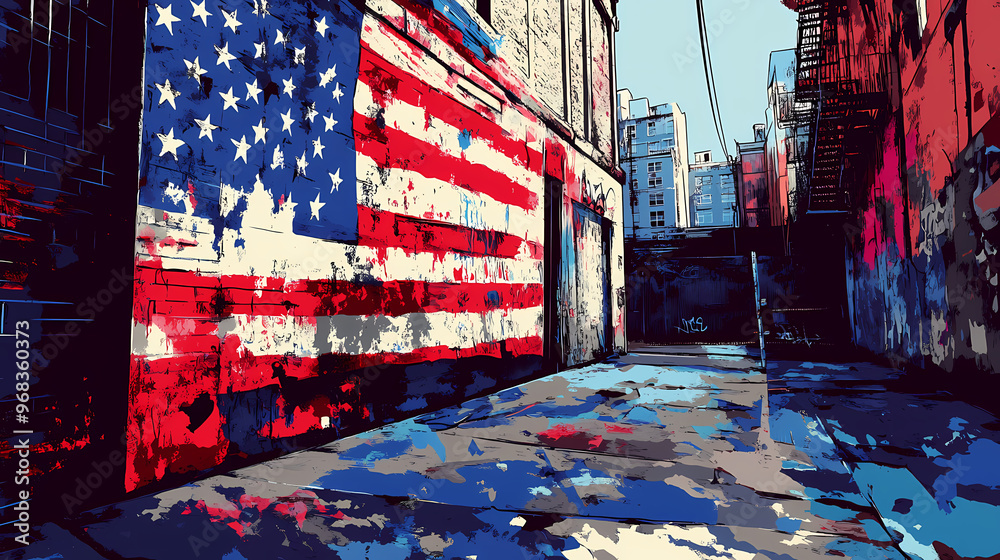 Obraz premium The us flag in pop art graffiti style, with exaggerated forms and vibrant color blocks on a downtown building facade. Pop Art. Illustration