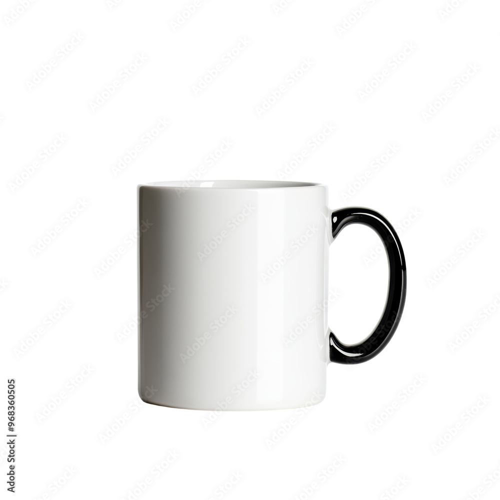 Empty white ceramic mug with a black handle, ideal for customization or branding in a modern kitchen setting. Empty white ceramic mug with a black handle, ideal for customization or branding in a modern kitchen setting.