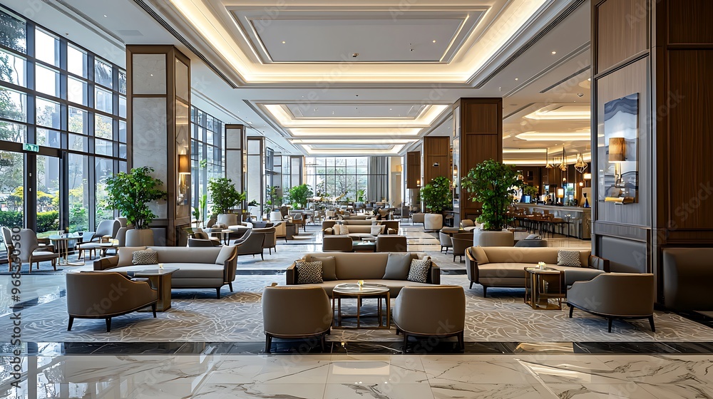 Five-star hotel lobby lounge, spacious and designed for comfort.