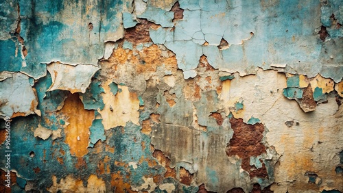 Concrete wall weathered to perfection, peeling paint like brittle skin, revealing rusty undertones, bearing witness to photo