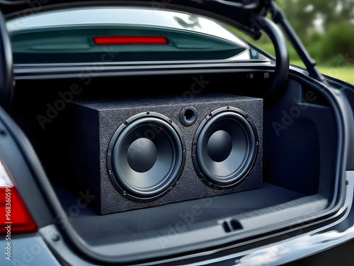 Trunk showcasing a dual subwoofer box designed for enhancing audio experience during outdoor gatherings or road trips