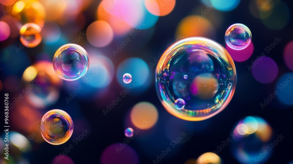 Colorful soap bubbles floating in vibrant bokeh lights, abstract background. Playful and joyful mood concept
