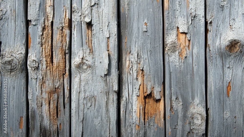 Fototapeta premium Weathered Wooden Planks with Knots and Peeling Paint: Rustic Texture Background