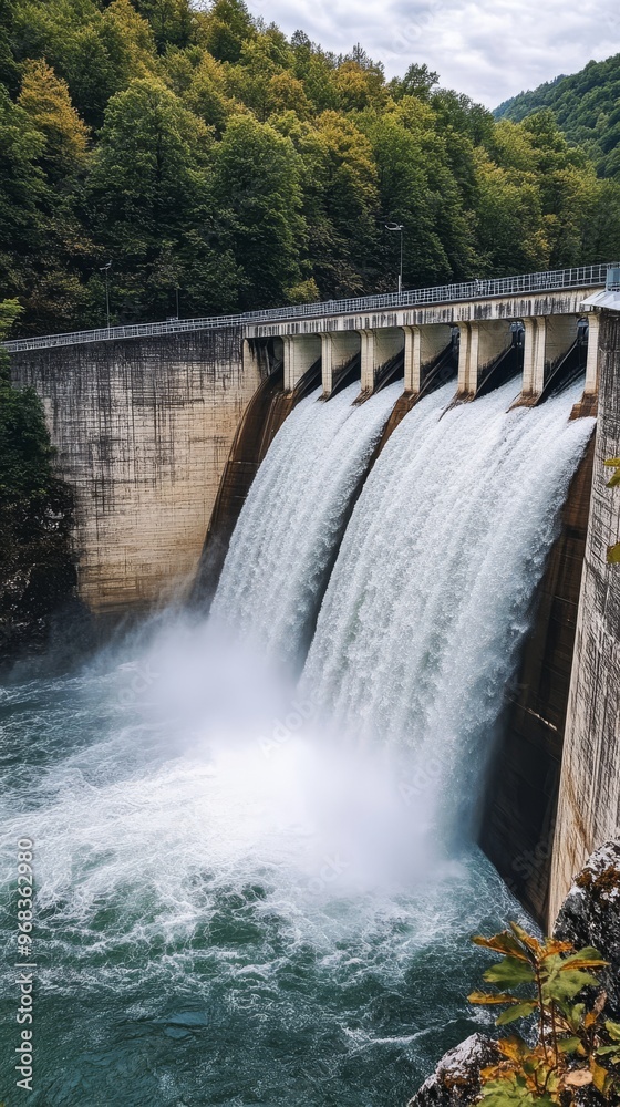Scenic view of a flowing dam surrounded by lush forest Scenic view of a flowing dam surrounded by lush forest