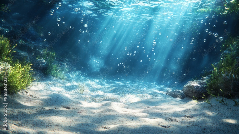 Underwater Scene with Sunlight Beams, Bubbles, and Sandy Bottom Underwater Scene with Sunlight Beams, Bubbles, and Sandy Bottom