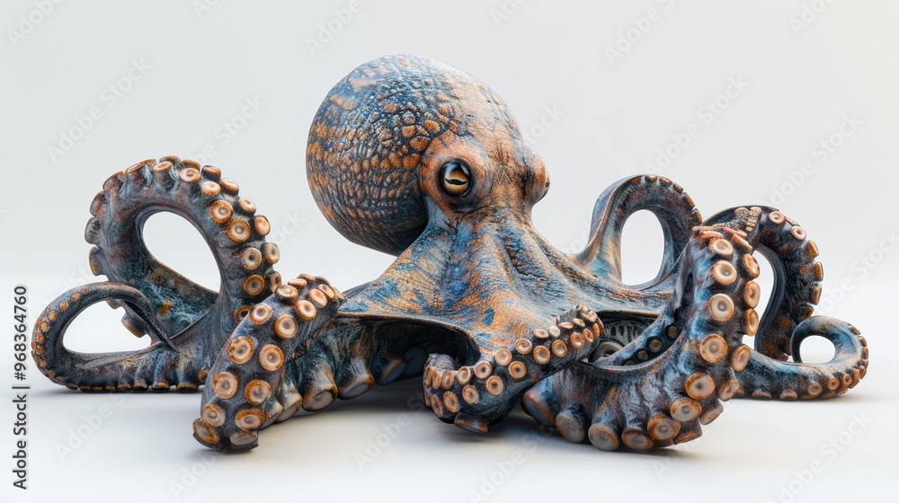A large octopus with blue and orange markings on its head and body A large octopus with blue and orange markings on its head and body