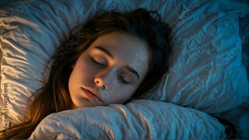 Top view of a young woman sleeping well in bed hugging a pillow. Teenager resting, good night, sleep concept