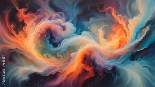 A vibrant abstract painting with swirling, dynamic colors.