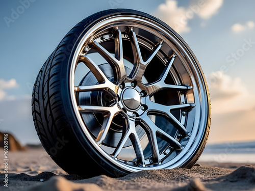 Custom chrome wheel low profile tire disc brakes In the beach sand waves with clouds in the background 