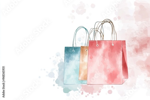 Colorful watercolor shopping bags with artistic splashes, perfect for retail and fashion themes.