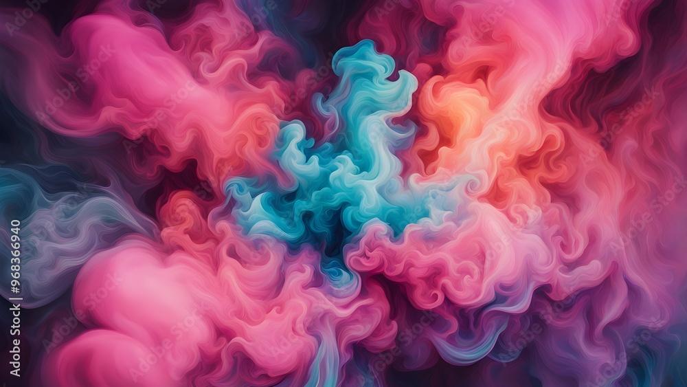 Fototapeta premium Abstract swirl of pink, blue, and orange smoke on a dark background.