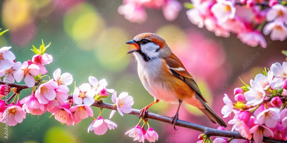 In a burst of color, a small, plump bird perched among delicate blossoms, chirping a cheerful melody as In a burst of color, a small, plump bird perched among delicate blossoms, chirping a cheerful melody as