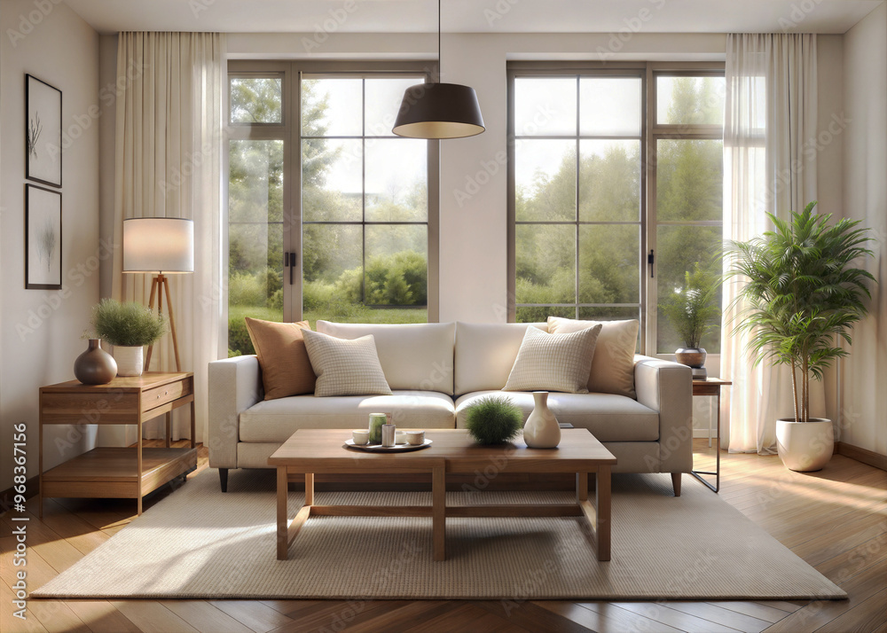 Fototapeta premium A cozy minimalist living room with a neutral color