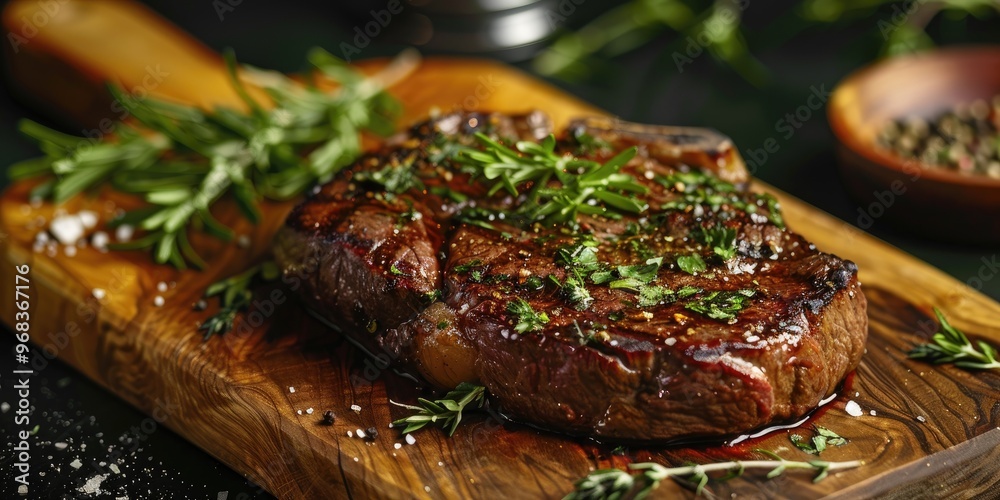 Ribeye Steak Served on a Wooden Board with Seasonings and an Electric Grill Ribeye Steak Served on a Wooden Board with Seasonings and an Electric Grill