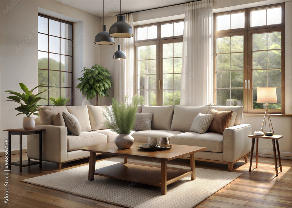 A cozy minimalist living room with a neutral color