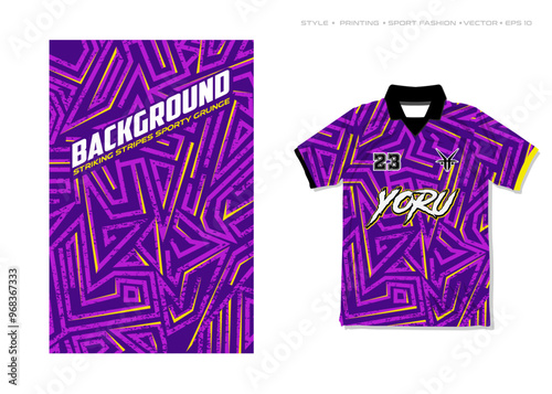 Jersey t shirt design background geometric block modern aztec maze basketball rugby vector sports pattern line purple yellow grunge abstract art gaming soccer football