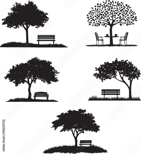 Silhouette of sitting area under a tree vector