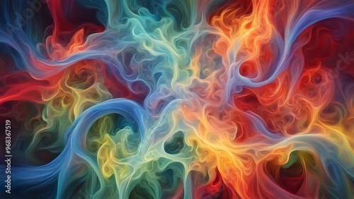 Abstract swirling pattern of vibrant colors in red, blue, yellow, and green.