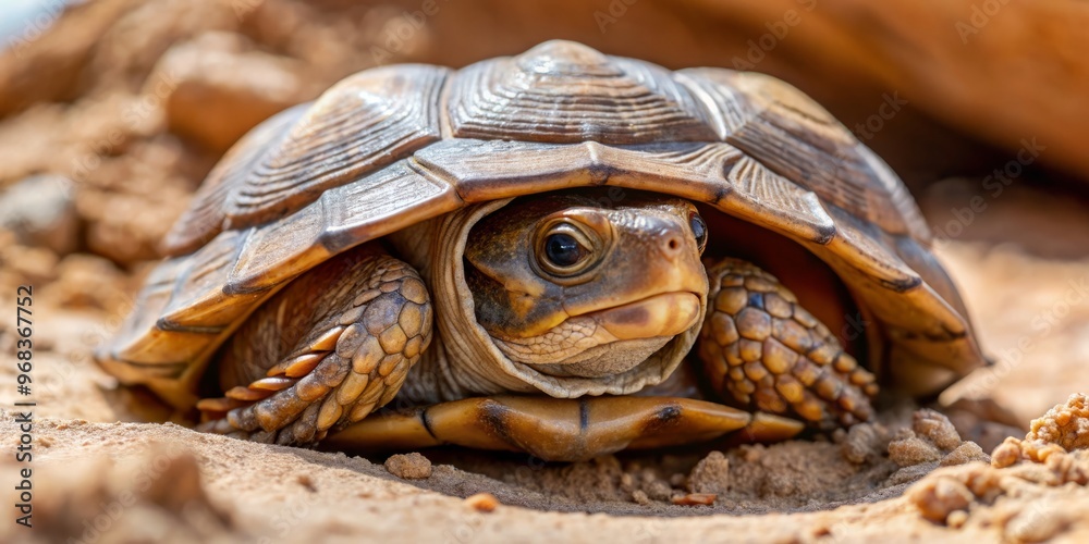 Naklejka premium In the arid desert landscape, a camouflaged Native desert box turtle lies concealed within its shell, blending