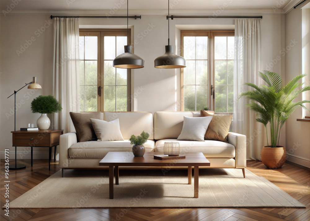 A cozy minimalist living room with a neutral color