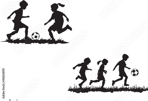 Silhouette vector of children playing football icon, soccer player silhouette