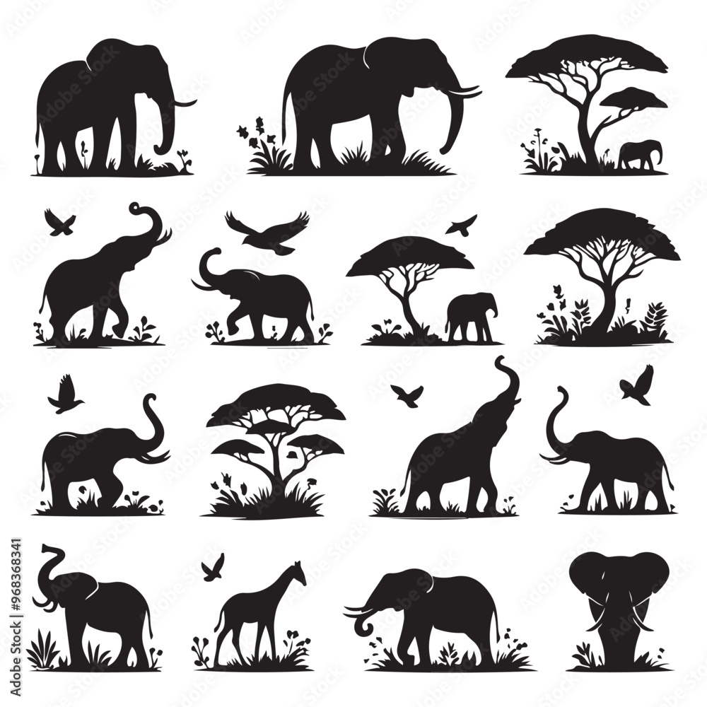 Obraz premium Set of elephant silhouettes isolated on a white background, Vector illustration.