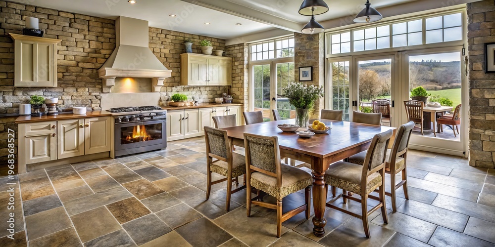 In this Yorkshire kitchen, large windows usher in natural light while stone tile accents add warmth, accompanied by In this Yorkshire kitchen, large windows usher in natural light while stone tile accents add warmth, accompanied by
