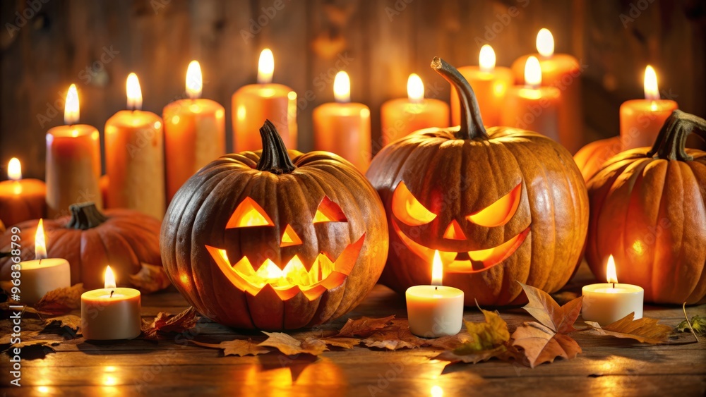 Fototapeta premium Intricately carved pumpkin masterpieces are brought to life with softly glowing candles, creating a mesmerizing