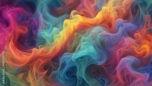 Abstract colorful smoke background with swirling, flowing lines in shades of red, orange, yellow, green, blue, purple and pink.