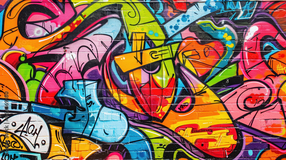Naklejka premium Vibrant Urban Graffiti: Colorful Street Art Murals Showcasing Abstract Creativity, Bold Design Patterns, and Innovative Techniques in Contemporary City Culture