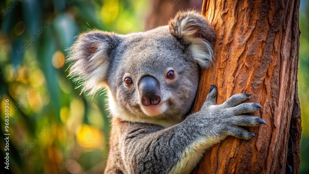 Fototapeta premium Koala's soft, furry arms curl loosely around a tree trunk, as if embracing a long-lost friend, radiating cozy