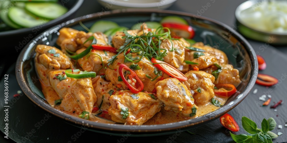 Crispy Chicken in Salted Egg Sauce with Chili and Spring Onions, Served with Fresh Tomato and Cucumber Slices Crispy Chicken in Salted Egg Sauce with Chili and Spring Onions, Served with Fresh Tomato and Cucumber Slices