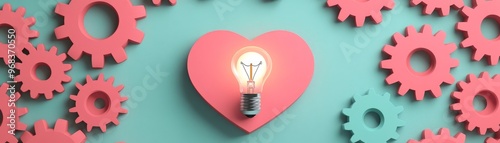 Heart shaped light bulb surrounded by gears on a blue background. photo