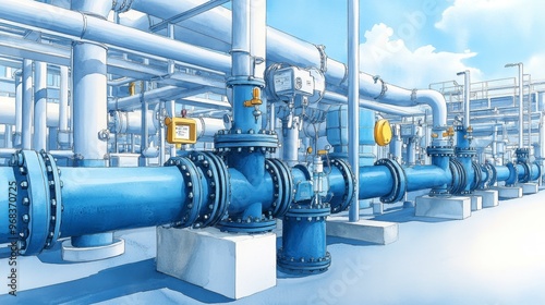 Industrial complex with large blue pipes and valves against a blue sky.