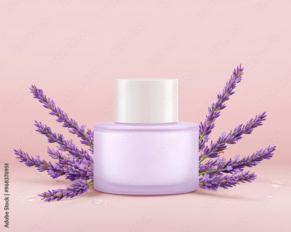 Lavender scented bottle mockup on pink background with lavender sprigs. Lavender scented bottle mockup on pink background with lavender sprigs.