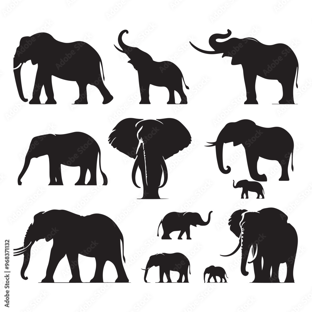 Set of elephant silhouettes isolated on a white background, Vector illustration. Set of elephant silhouettes isolated on a white background, Vector illustration.