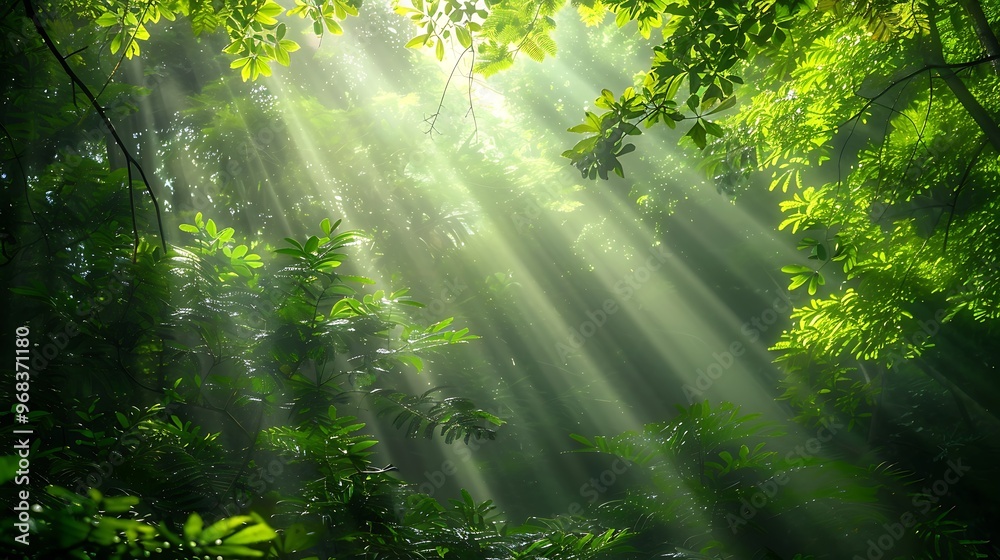 Obraz premium Tropical rainforest with sunbeams filtering through the dense foliage, creating a mystical and peaceful jungle landscape.