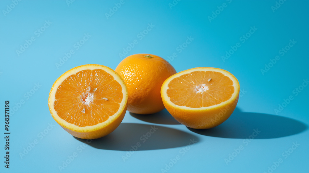 A close up of orange fruits against blue background. A close up of orange fruits against blue background.