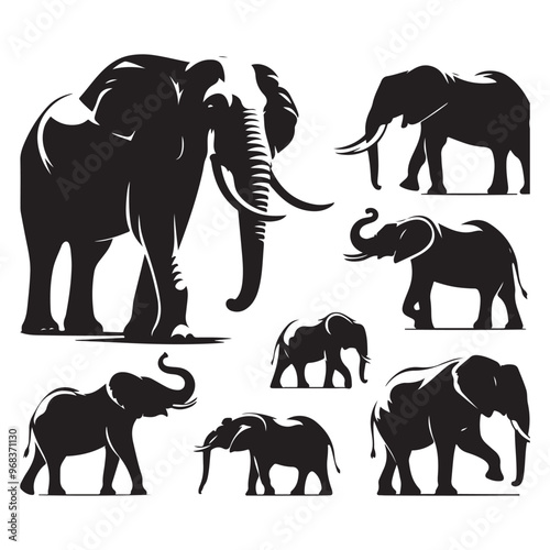 Set of elephant silhouettes isolated on a white background, Vector illustration.
