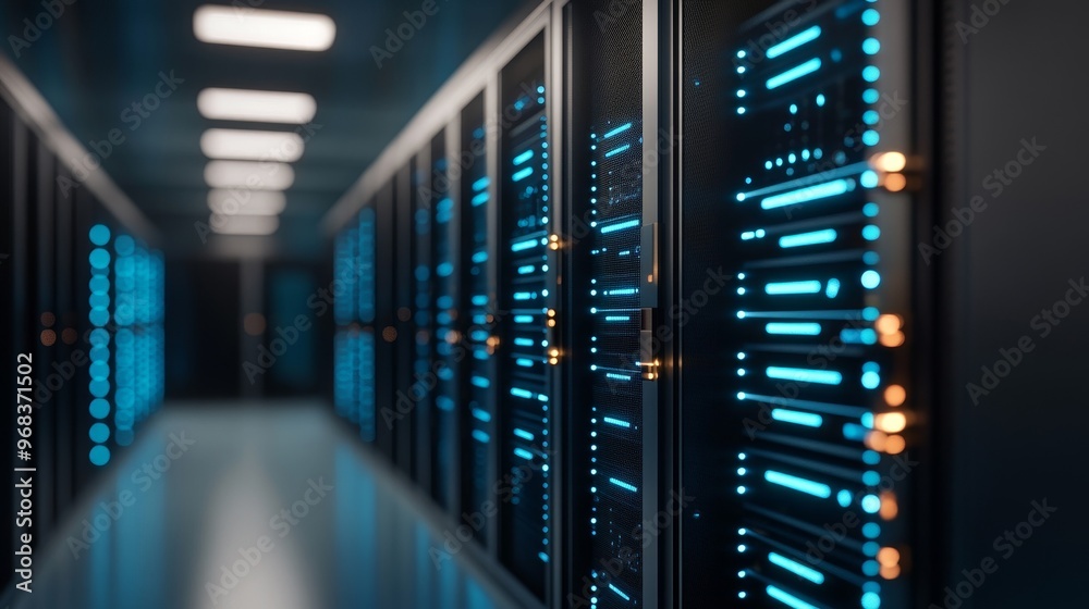Rows of servers in a modern data center with glowing blue lights. The servers are organized and efficient. The image represents the power of technology. Rows of servers in a modern data center with glowing blue lights. The servers are organized and efficient. The image represents the power of technology.