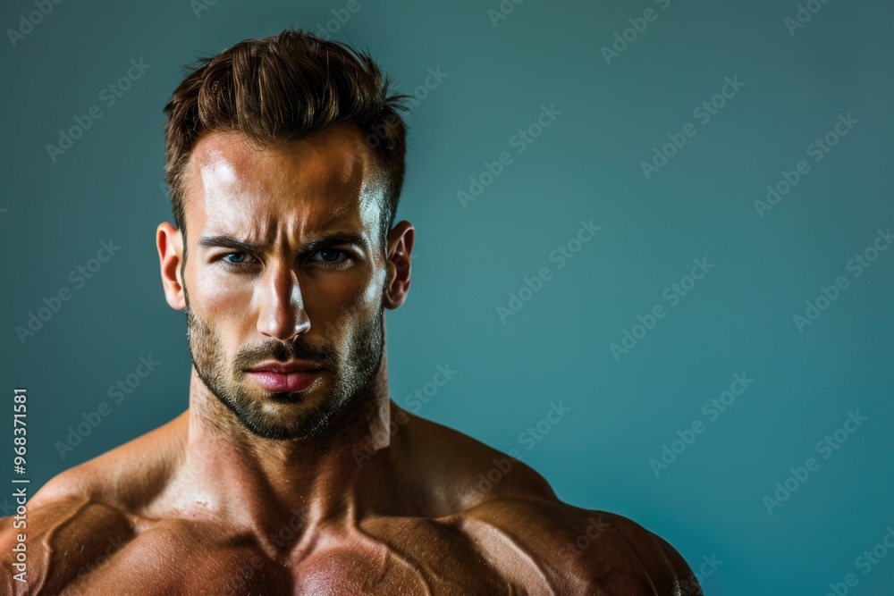 A strong, muscular man with a sharp gaze and a calm demeanor, solid color background representing the balance of physical and mental clarity, perfect for gym promotions