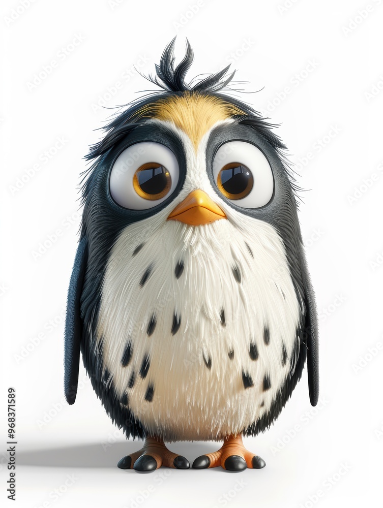 Naklejka premium A cartoon penguin with a funny expression and a messy hairdo