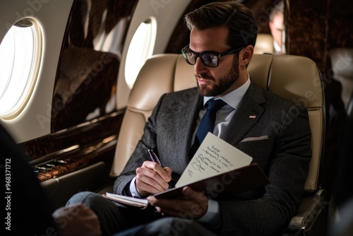 A focused business conversation taking place in a private jet, with one executive jotting down notes in a leather-bound notebook photo