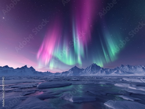 Wallpaper Mural Vibrant green and pink aurora borealis dance over a snow-covered landscape. Torontodigital.ca